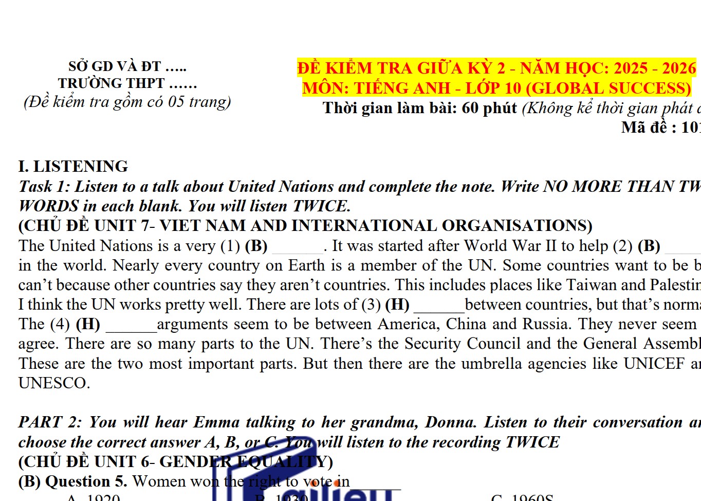 Đề thi giữa học kỳ 2 Tiếng anh 10 Global Success 2026 file nghe đáp án